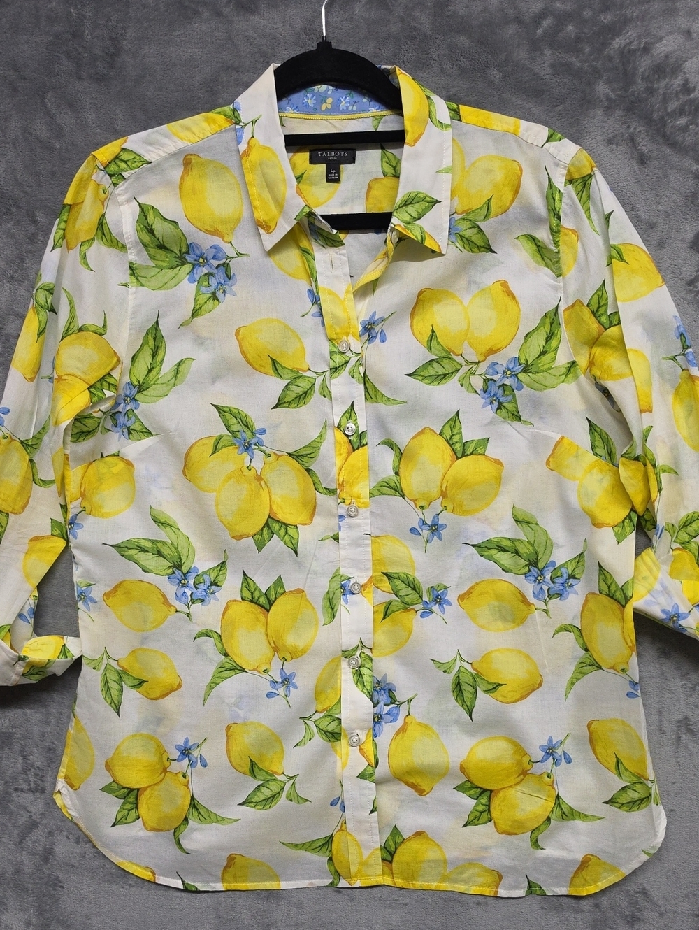Talbots Lemon Print Cotton Button-Down Blouse in Yellow and Green